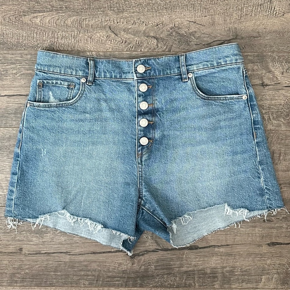 Loft Button Front High Rise Destructed Cut Off Denim Shorts Size 29
